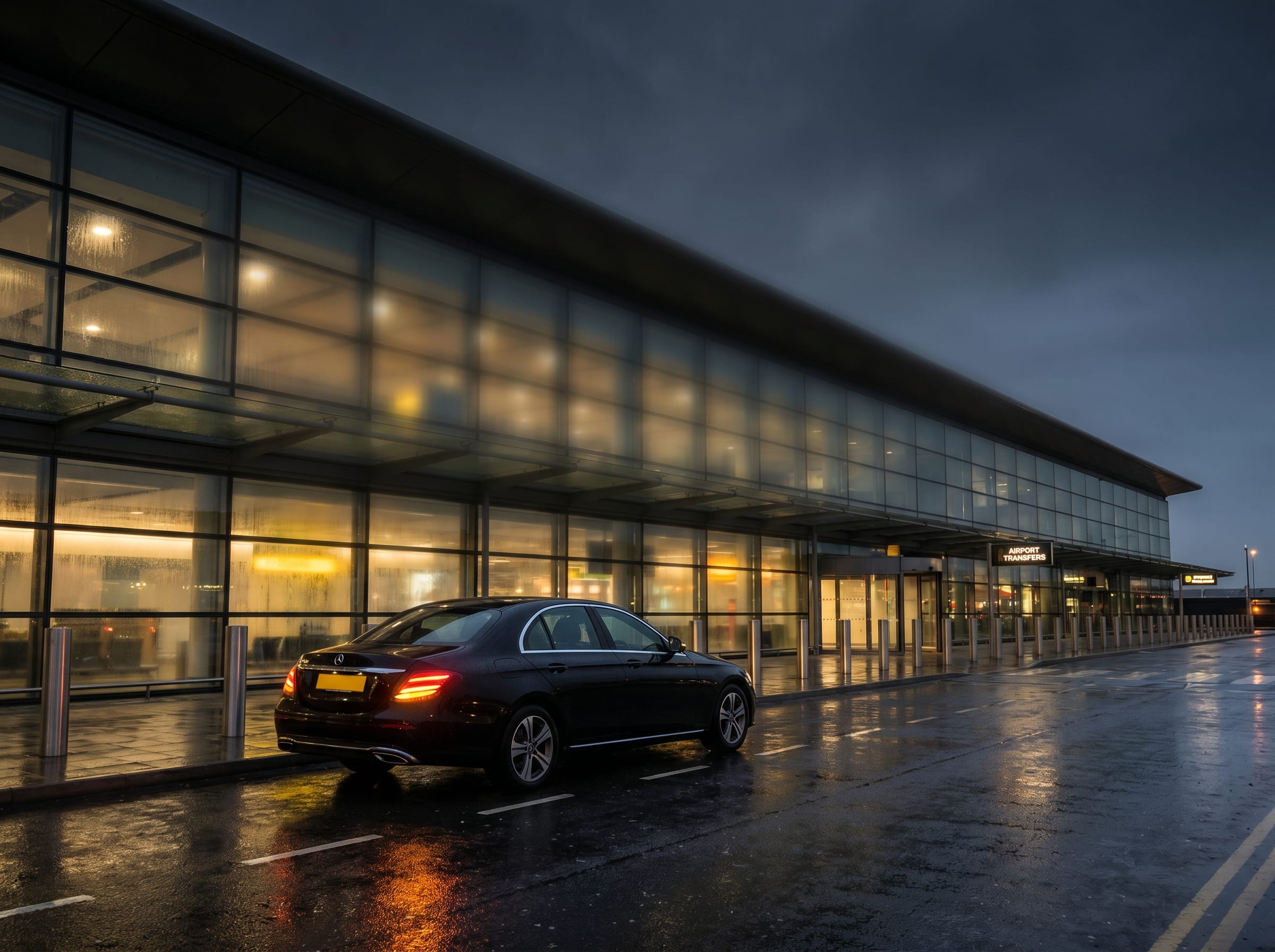 Black executive saloon at a UK airport terminal for private hire transfers